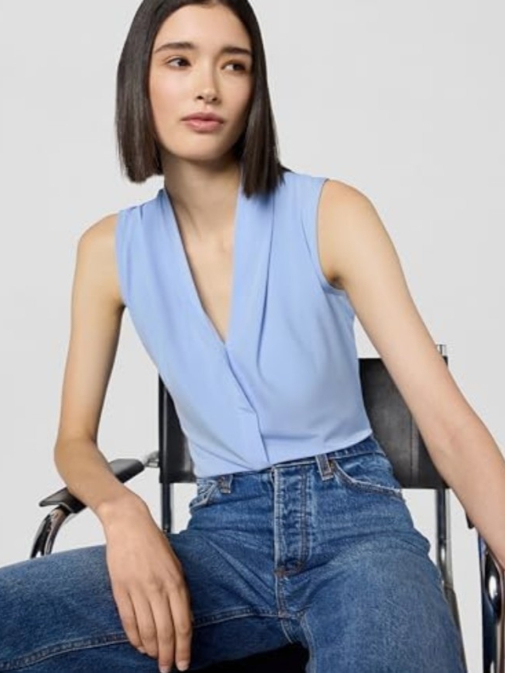 Calvin Klein Baby Blue Matte Jersey Pleated V- Neck Top Size M